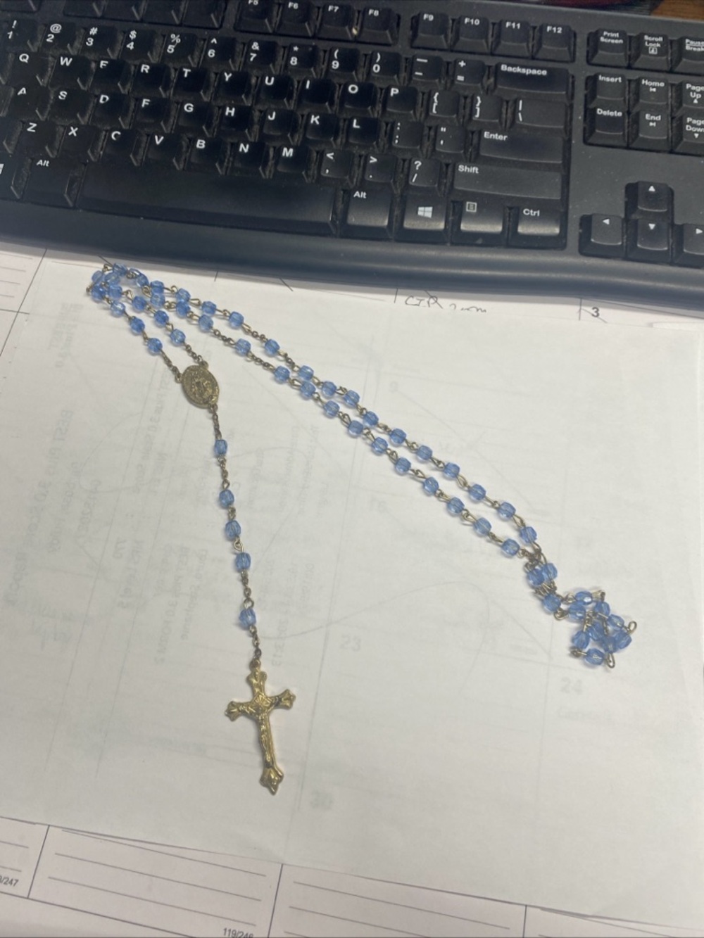 Gold-Tone Rosary Necklace with Light Blue Beads
